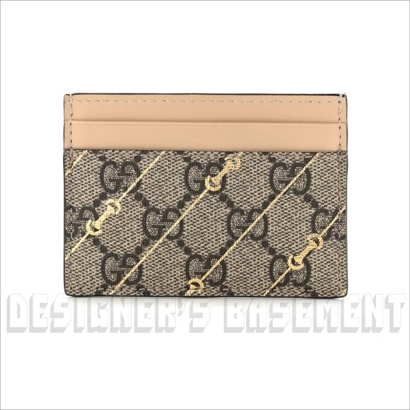 GUCCI beige Leather gold Horsebit print GG Supreme Canvas Card Case wallet NIB🎁 - Picture 1 of 5